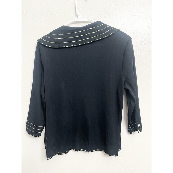 Ming Wang Black w green stitching Cardigan Jacket Travel Acrylic Top Boxy Medium - Picture 7 of 8